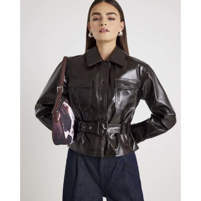 Red High Shine Belted Faux leather Shirt