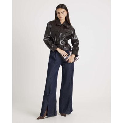 Red High Shine Belted Faux leather Shirt