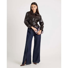 Red High Shine Belted Faux leather Shirt