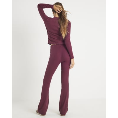 Red High Waisted Ribbed Flared Leggings