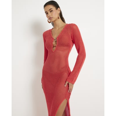 Red Knit Maxi Beach Dress