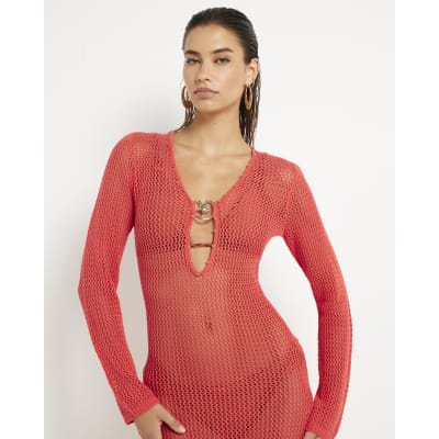 Red Knit Maxi Beach Dress