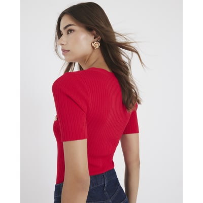 Red Knitted Button Detail Top
