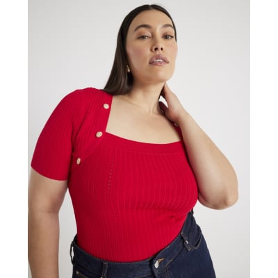 Red Knitted Button Detail Top