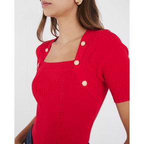 Red Knitted Button Detail Top