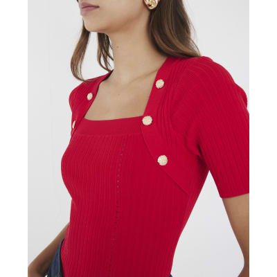 Red Knitted Button Detail Top