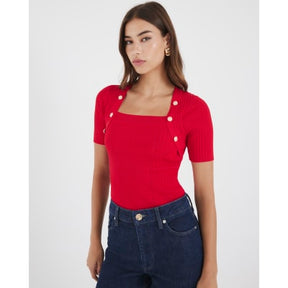 Red Knitted Button Detail Top