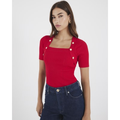 Red Knitted Button Detail Top