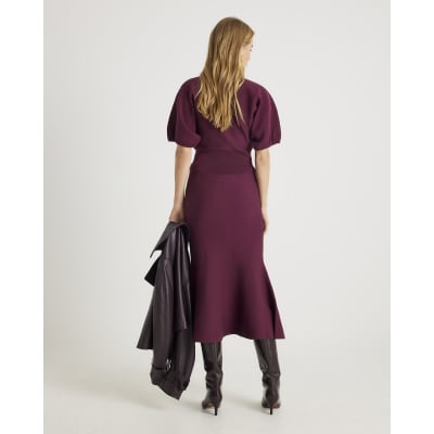 Red Knitted Flare Midi Skirt