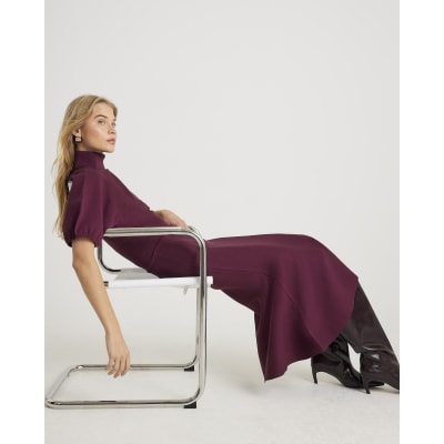 Red Knitted Flare Midi Skirt