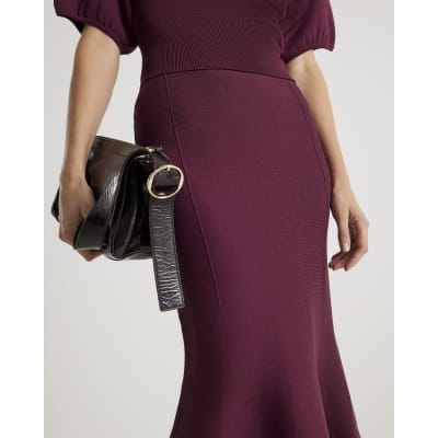 Red Knitted Flare Midi Skirt