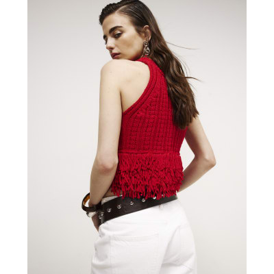 Red Knitted Fringe Trim Vest Top