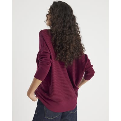Red Knitted High Neck Ribbed Jumper