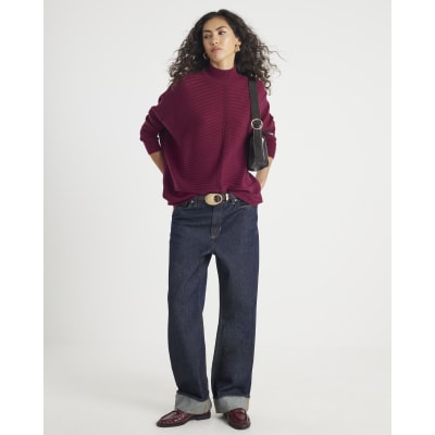 Red Knitted High Neck Ribbed Jumper