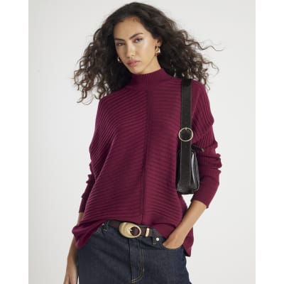 Red Knitted High Neck Ribbed Jumper