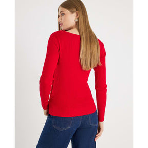 Red Knitted Long Sleeve Aysmmetric Top