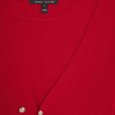 Red Knitted Long Sleeve Aysmmetric Top