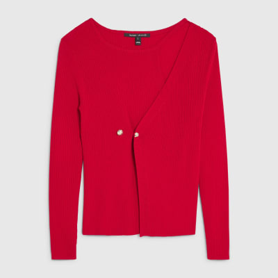 Red Knitted Long Sleeve Aysmmetric Top