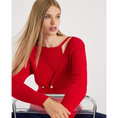 Red Knitted Long Sleeve Aysmmetric Top