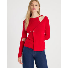 Red Knitted Long Sleeve Aysmmetric Top