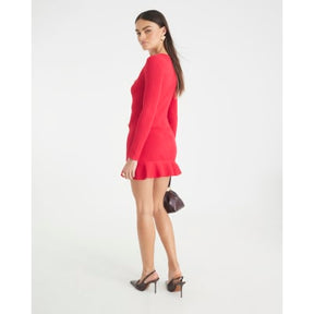 Red Knitted Long Sleeve Peplum Mini Dress