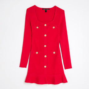 Red Knitted Long Sleeve Peplum Mini Dress