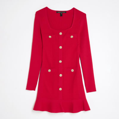 Red Knitted Long Sleeve Peplum Mini Dress