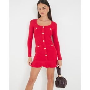 Red Knitted Long Sleeve Peplum Mini Dress