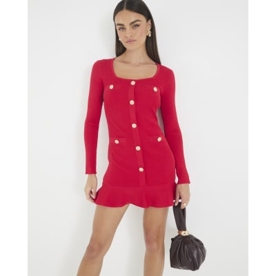 Red Knitted Long Sleeve Peplum Mini Dress