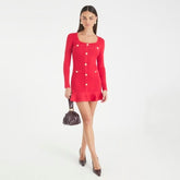 Red Knitted Long Sleeve Peplum Mini Dress
