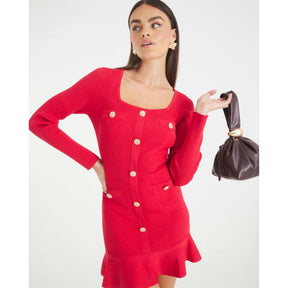 Red Knitted Long Sleeve Peplum Mini Dress
