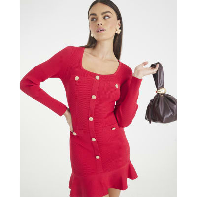Red Knitted Long Sleeve Peplum Mini Dress