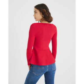 Red Knitted Long Sleeve Peplum Top