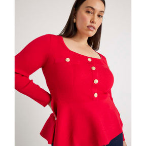 Red Knitted Long Sleeve Peplum Top