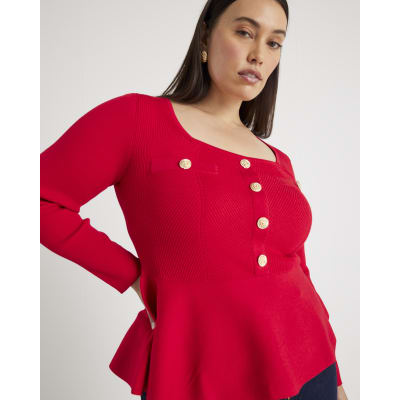 Red Knitted Long Sleeve Peplum Top