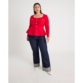 Red Knitted Long Sleeve Peplum Top