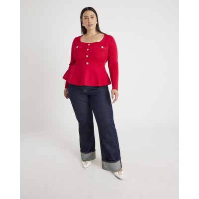 Red Knitted Long Sleeve Peplum Top