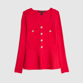 Red Knitted Long Sleeve Peplum Top