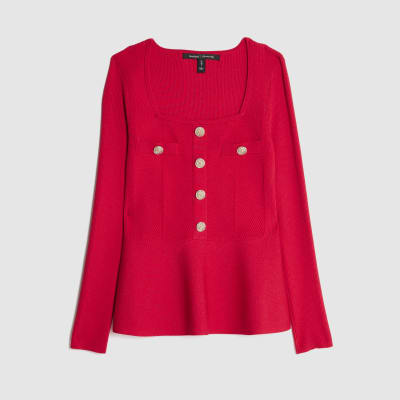 Red Knitted Long Sleeve Peplum Top