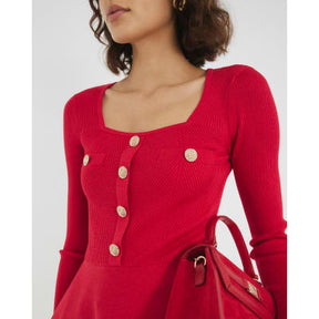 Red Knitted Long Sleeve Peplum Top
