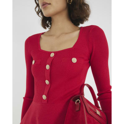 Red Knitted Long Sleeve Peplum Top