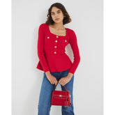 Red Knitted Long Sleeve Peplum Top