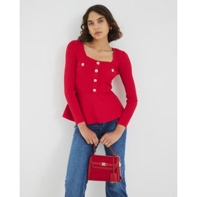 Red Knitted Long Sleeve Peplum Top