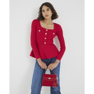 Red Knitted Long Sleeve Peplum Top