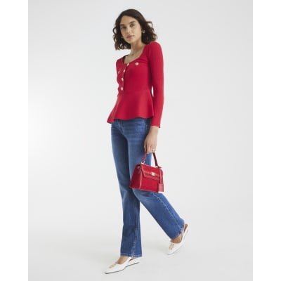 Red Knitted Long Sleeve Peplum Top