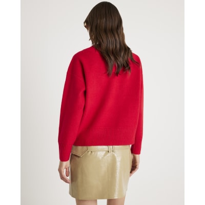 Red Knitted V Neck Jumper