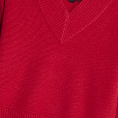 Red Knitted V Neck Jumper