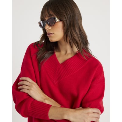 Red Knitted V Neck Jumper