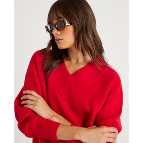 Red Knitted V Neck Jumper