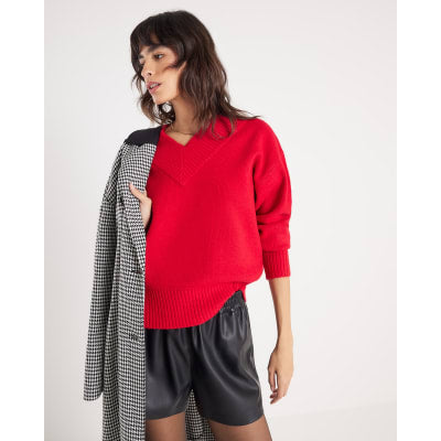 Red Knitted V Neck Jumper